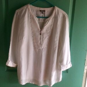 JM Collection White Blouse with Studded Detail 100% Linen